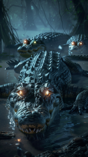 Angry glowing hungry crocodiles in night swamp