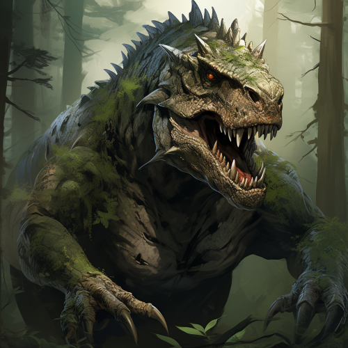 A portrait of a hunting T-rex in the forest