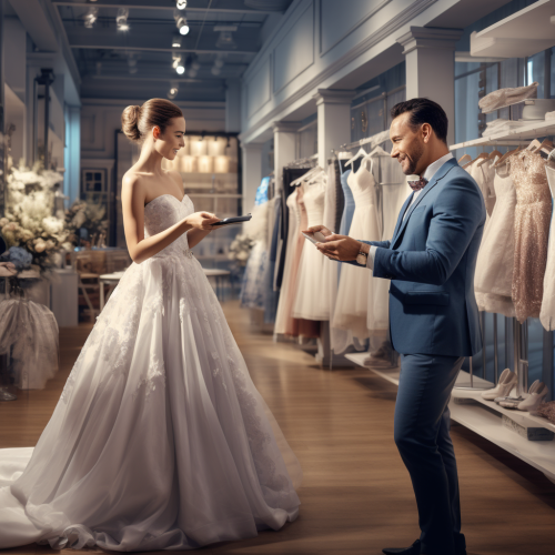 Husband selecting gown for wife