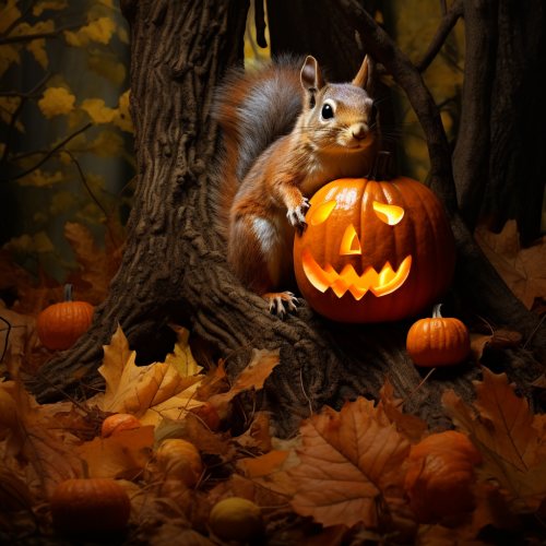 Hybrid squirrel holding a pumpkin in the woods