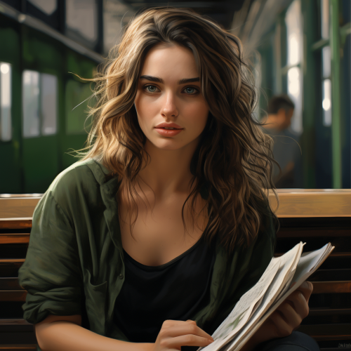 Beautiful girl reading comic on a bench