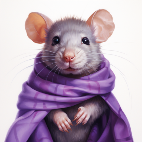 Mouse wearing purple scarf in hyper-realistic 8K image
