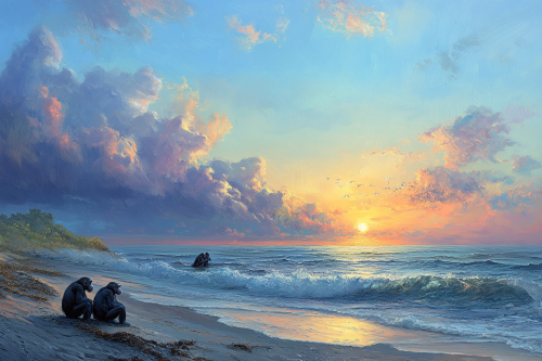 Chimpanzees watching sunrise on beach
