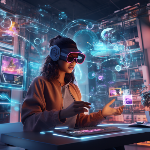 Person using Vision Pro AR headset in futuristic scene