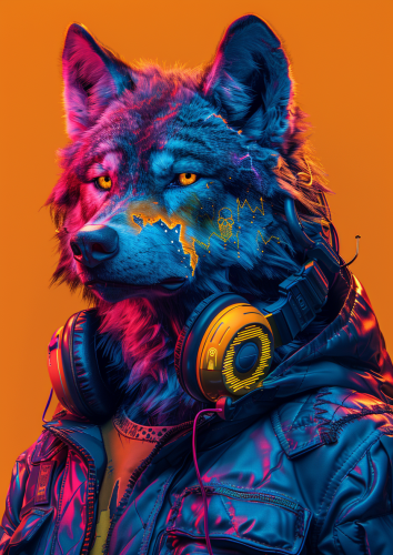 hyperrealistic wolf in cyberpunk jacket