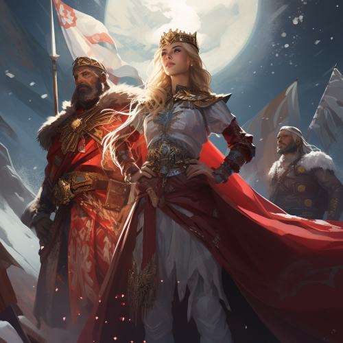 Fantasy characters with waving flag