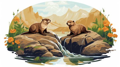 Canyon and Otters Logo Illustration
