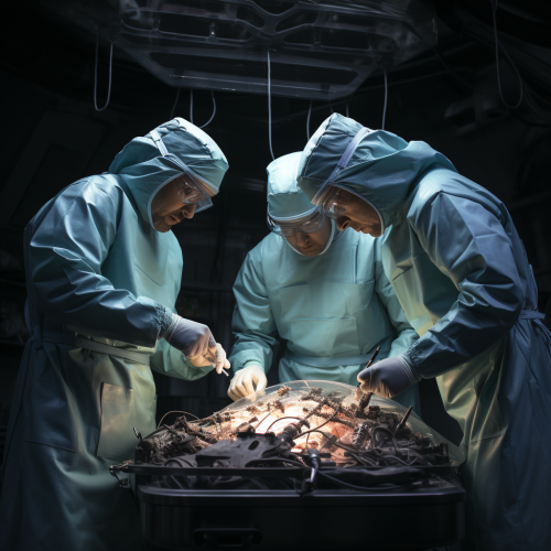 Realistic image of assistants surgeons operating table