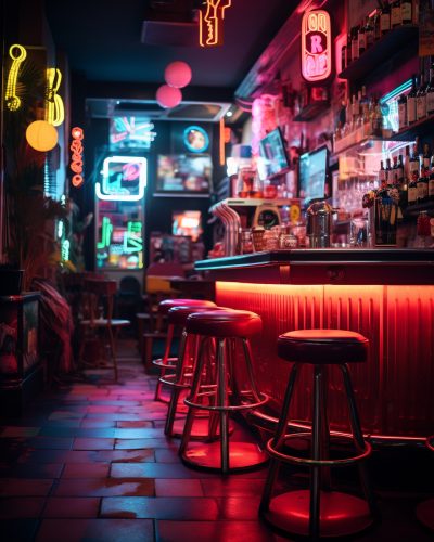 Neon-lit 60s-inspired sci-fi bar