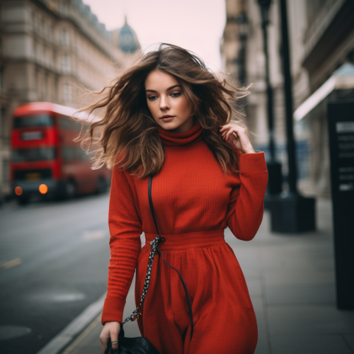 Independent girl walking London street in red midi dress