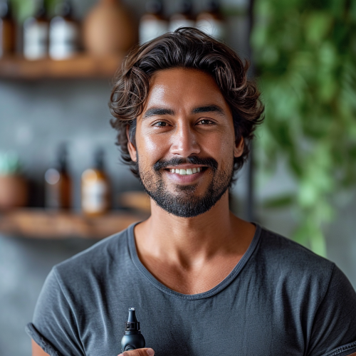 Indian male holding electric razor smiling