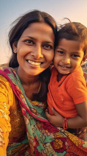 Indian mother and daughter smiling in summer clothes
