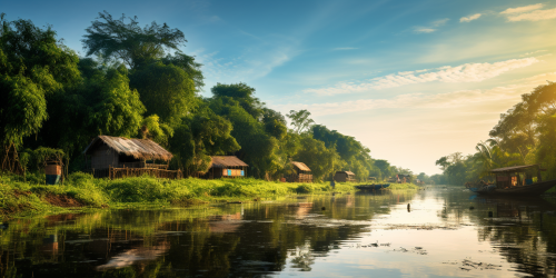 River with land, forest, huts, and vibrant colors