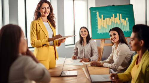 Indian woman CEOs presenting in teal suits