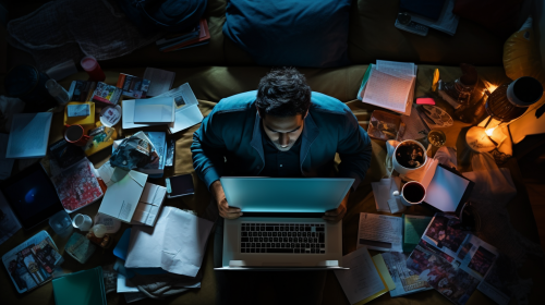 Focused Indian-American Man with Laptop and Work Focused Indian-American Man with Laptop and Work