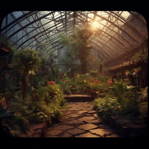 Lush green plants in futuristic greenhouse