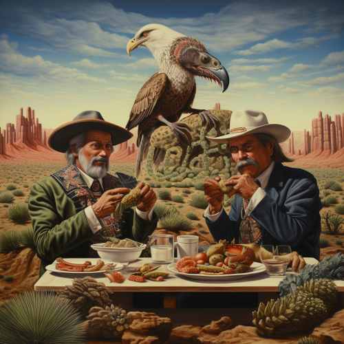 Indigenous Mexicans staring at eagle in Mexico desert