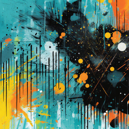 Colorful ink splatter with geometric shapes and halftone patterns.