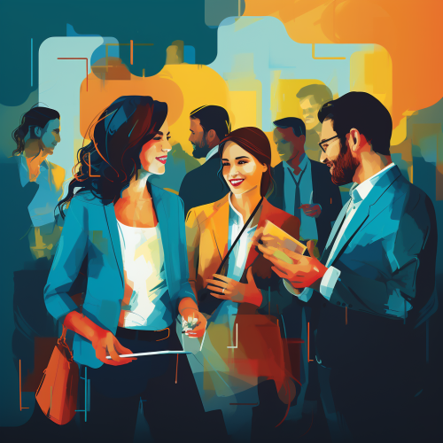 Group of people collaborating at tech networking event  ? Group of people collaborating at tech networking event  ?