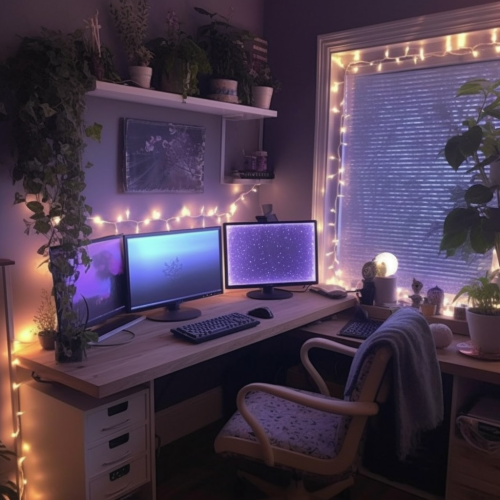 Lavender colored gaming computer room with fairy lights