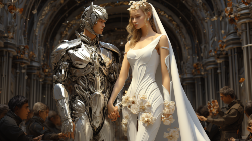 Futuristic glamour wedding with intelligent human and robotic partner Futuristic glamour wedding with intelligent human and robotic partner