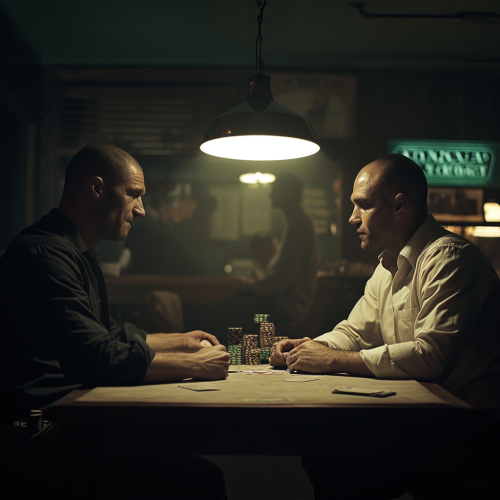 Intense poker duel in smoky room