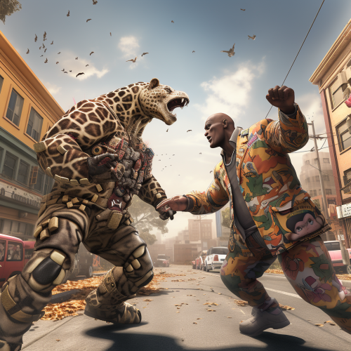 Intense street fight between gorilla and giraffe