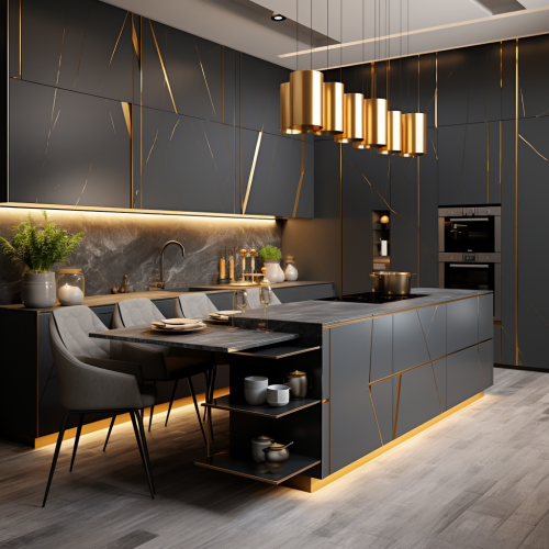Stylish grey and gold kitchen interior
