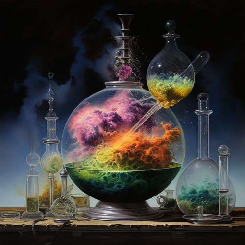 Colorful swirling steam in beakers Colorful swirling steam in beakers