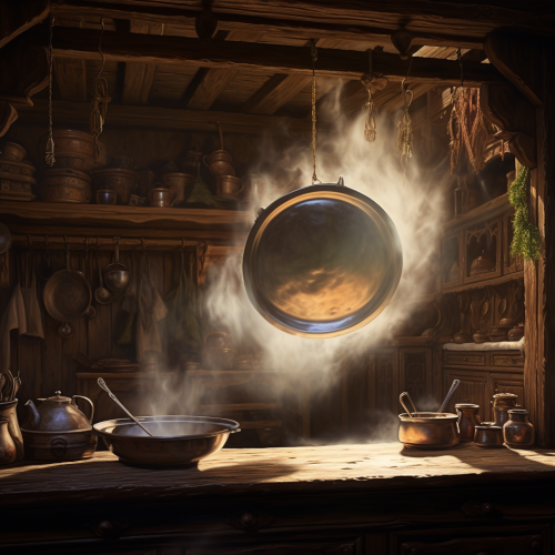 Ghost holding frying pan in medieval kitchen