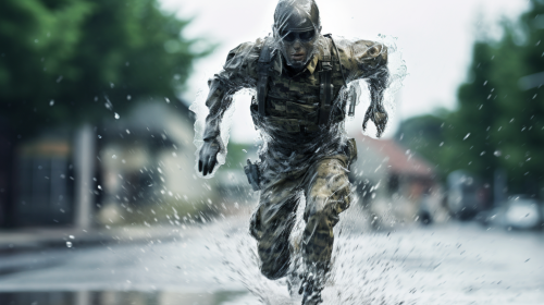 Invisible super soldier running in rain