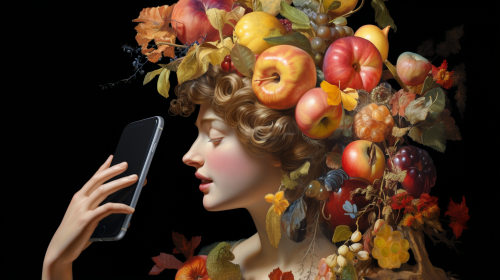 Artistic depiction of woman using iPhones