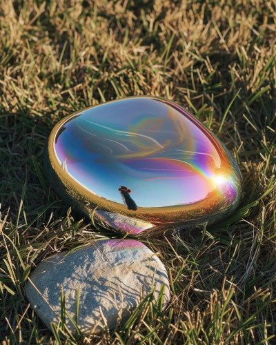 Iridescent metal blob on grass