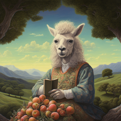 Llama Isaac Newton pondering under apple tree