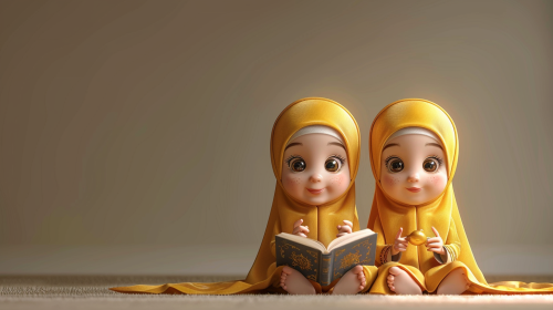 Islamic kids with book cartoon