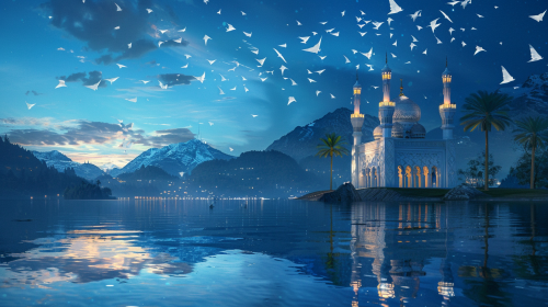 mosque papers flying night scene mosque papers flying night scene