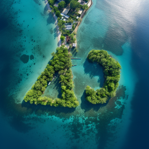 Aerial photo of island with white beaches forming the letter A