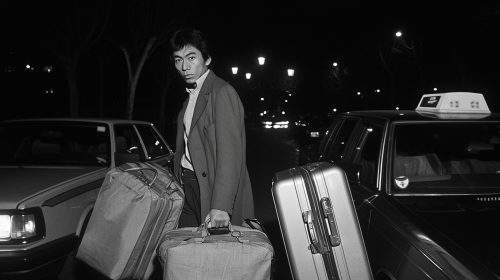 Issei Sagawa getting out of taxi with suitcases