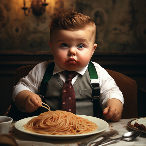 Adorable baby boy enjoying spaghetti