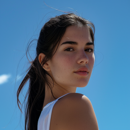 Italian woman with long black hair and ponytail against blue sky