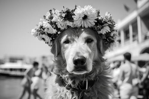Dog selling flowers at Izmir Foca beach Dog selling flowers at Izmir Foca beach