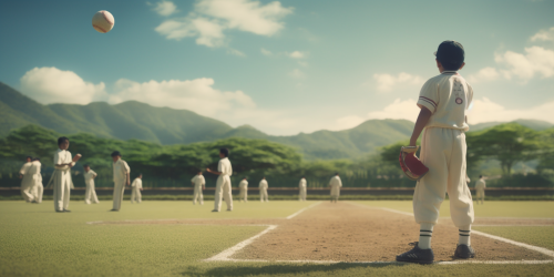 Japanese elementary students playing baseball game