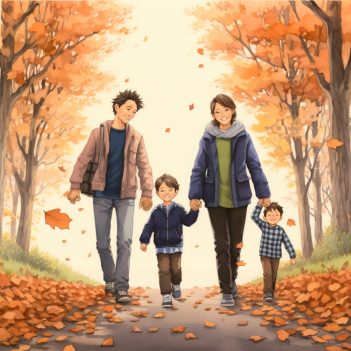 Smiling Japanese Family Walking in Leaves