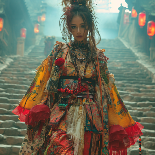 Japanese female glamorous supermodel in cyberpunk geisha style