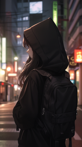 Stylish Japanese girl in black oversized hoodie