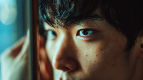 Japanese man looking worriedly into a mirror