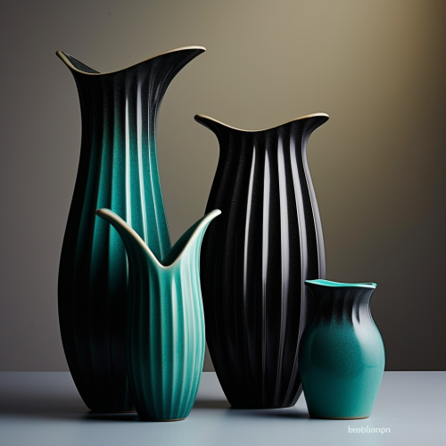 Japanese pottery shapes in black, cyan, green