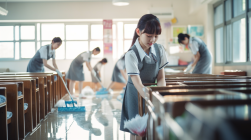 Smiling Japanese School Students Cleaning Classroom Smiling Japanese School Students Cleaning Classroom