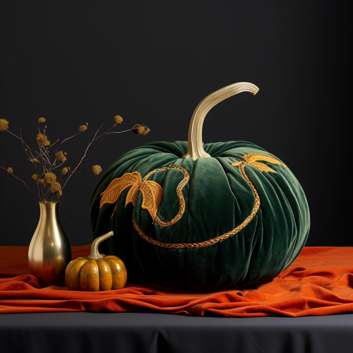 Bright golden pumpkin on velvet tablecloth