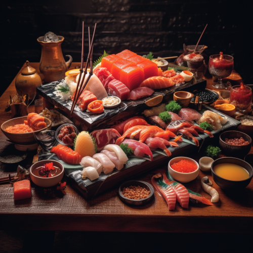 Japanese Table with Sushi and Sashimi
